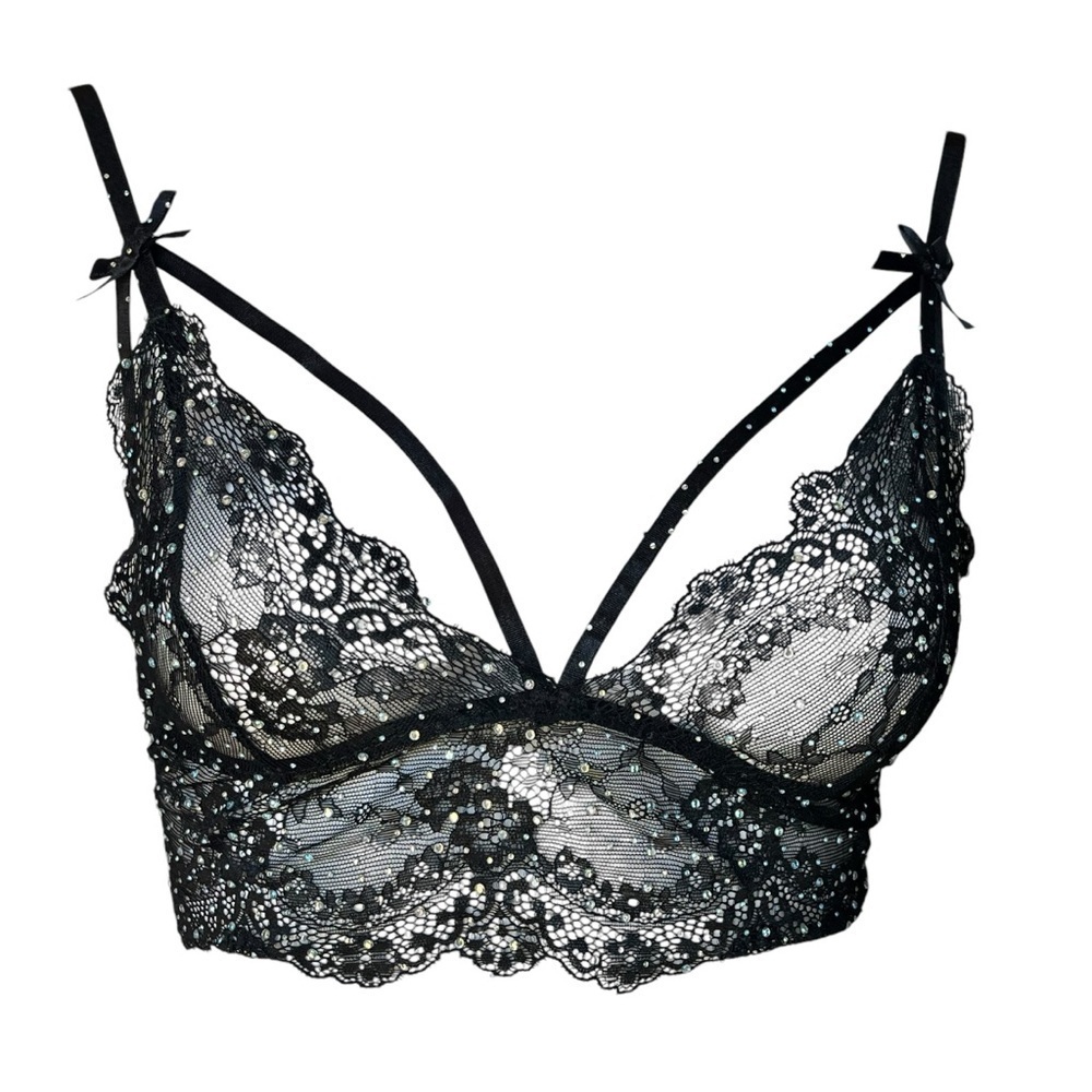 Leg Avenue Black Sheer Bra Medium Lacy Sexy Triangle Rhinestone Bling